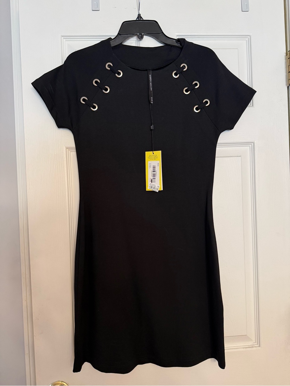 Karen Millen Black Short-Sleeve Mini Dress with Grommet Detail